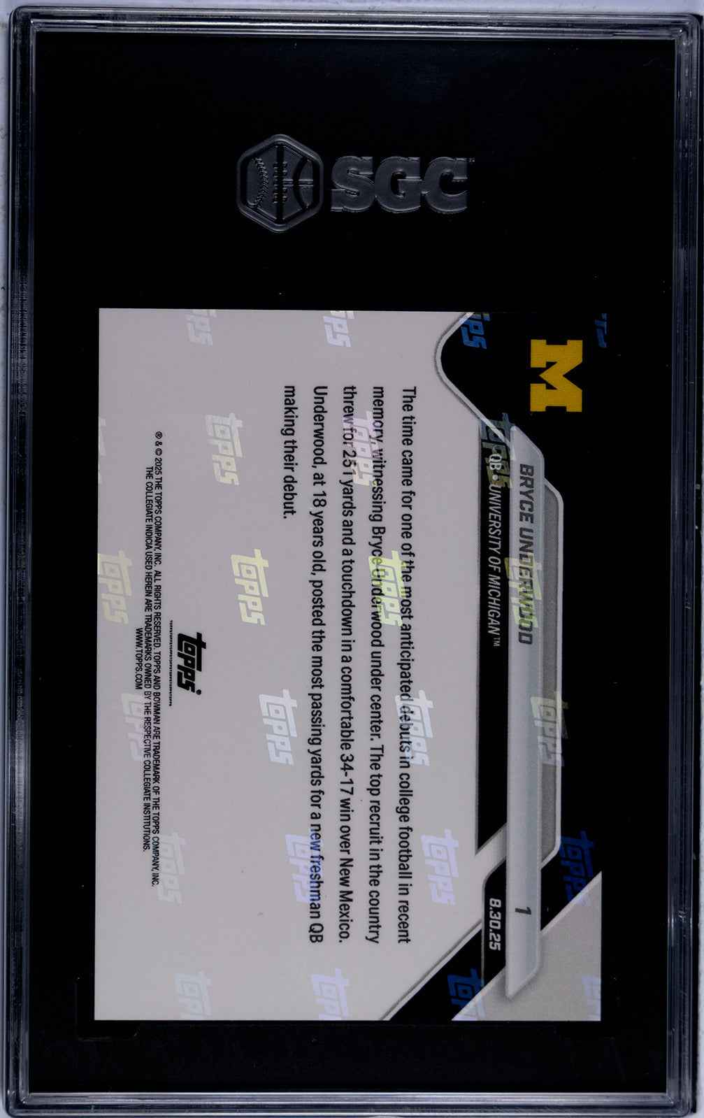 Graded 2025 Topps Bowman U Now Bryce Underwood #1 Generational Recruit Shines in Wolverines Debut Rookie RC Football Card SGC 9.5 Mint+