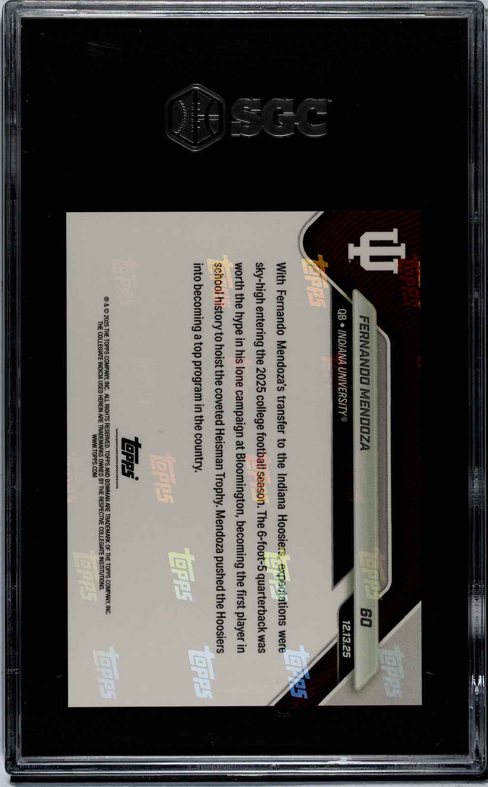 Graded 2025 Topps Bowman U Now Fernando Mendoza #60 Rookie RC Football Card SGC 10 Gem Mint