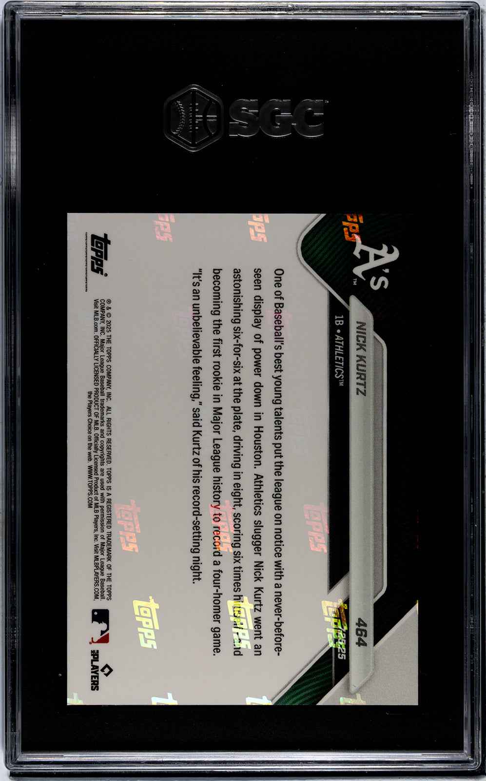 Graded 2025 Topps Now Nick Kurtz #464 1st Rookie in MLB History With a Four Homer Game Rookie RC Baseball Card SGC 9 Mint