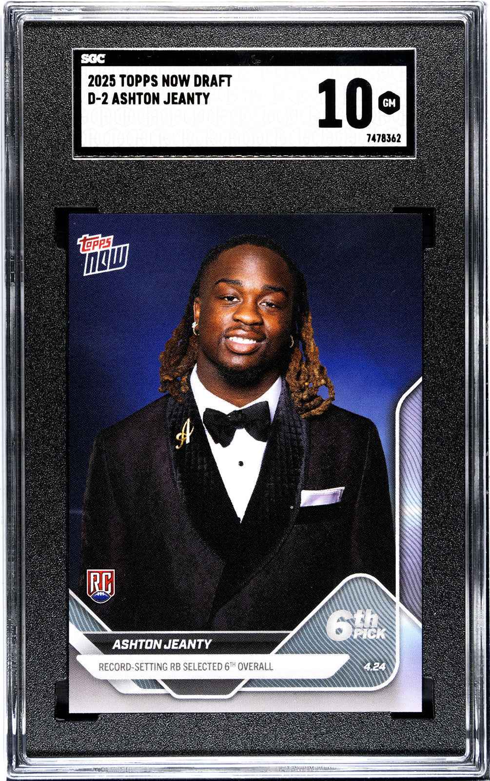 Graded 2025 Topps Now Ashton Jeanty #D2 Record Setting RB Selected 6th Overall Rookie RC Football Card SGC 10 Gem Mint