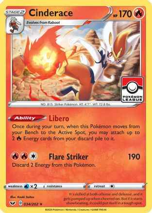 Cinderace (Pokemon League) 034/202 - League & Championship Cards Reverse Holofoil