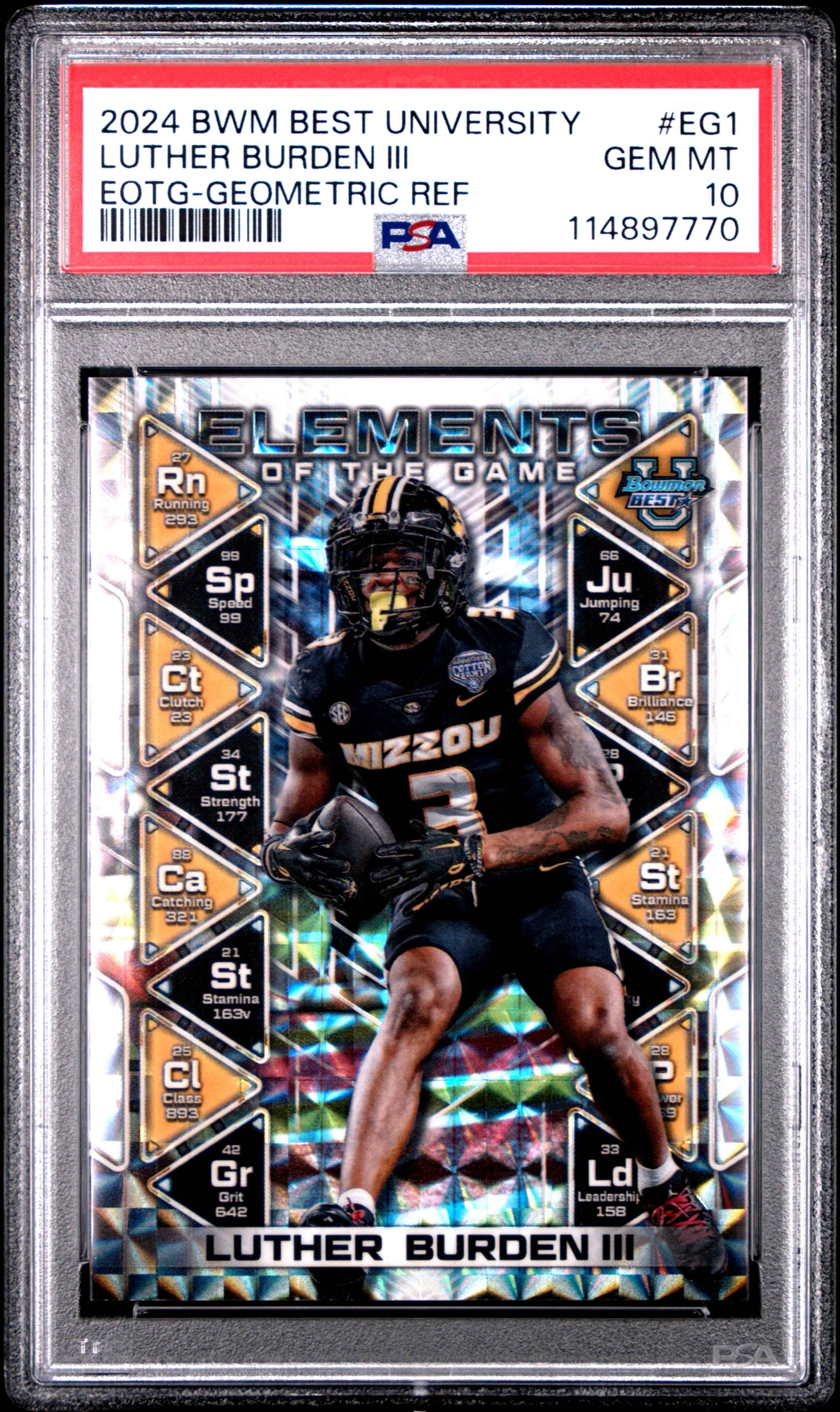 Graded 2024 Topps Bowman Best University Luther Burden III #EG1 Elements of the Game Geometric Refractor Rookie RC Football Card PSA 10 Gem Mint