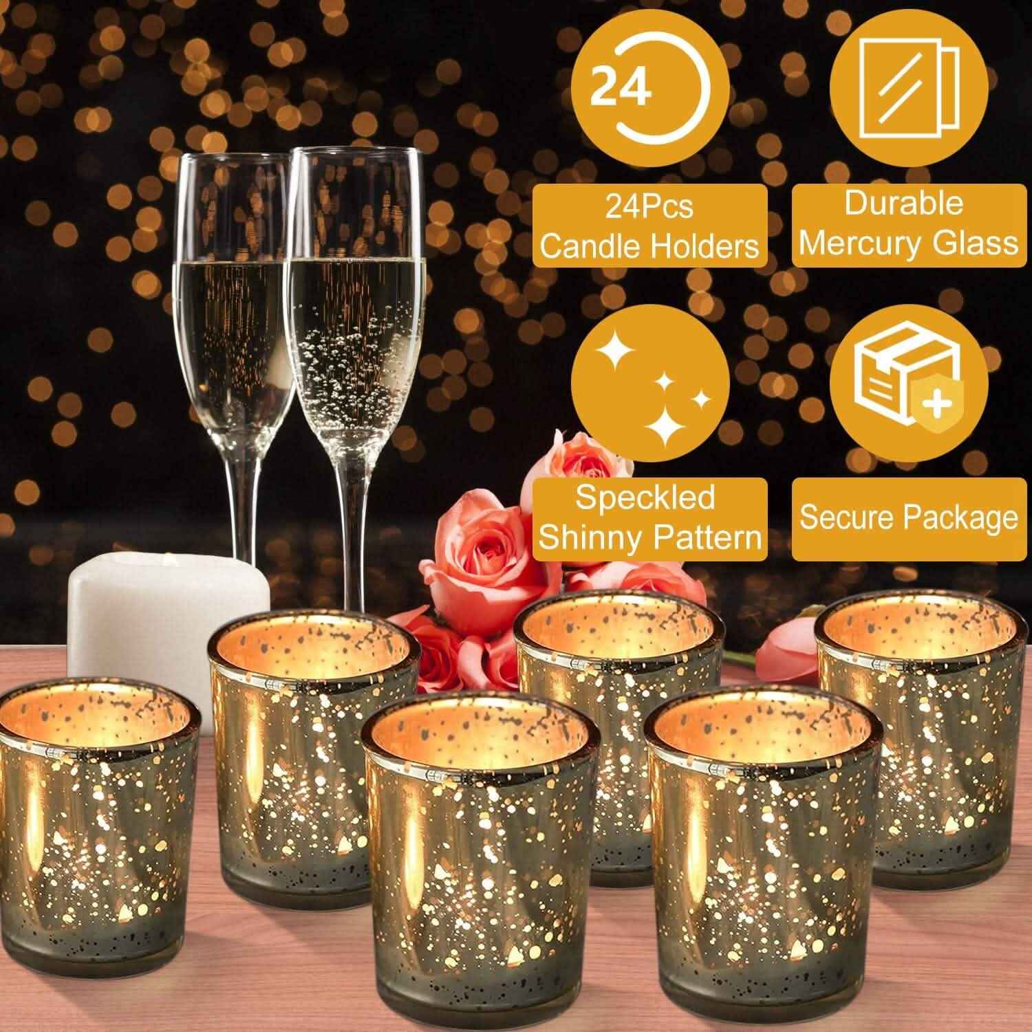 24-Pieces Gold Votive Tealights Candle Holder Mercury Glass