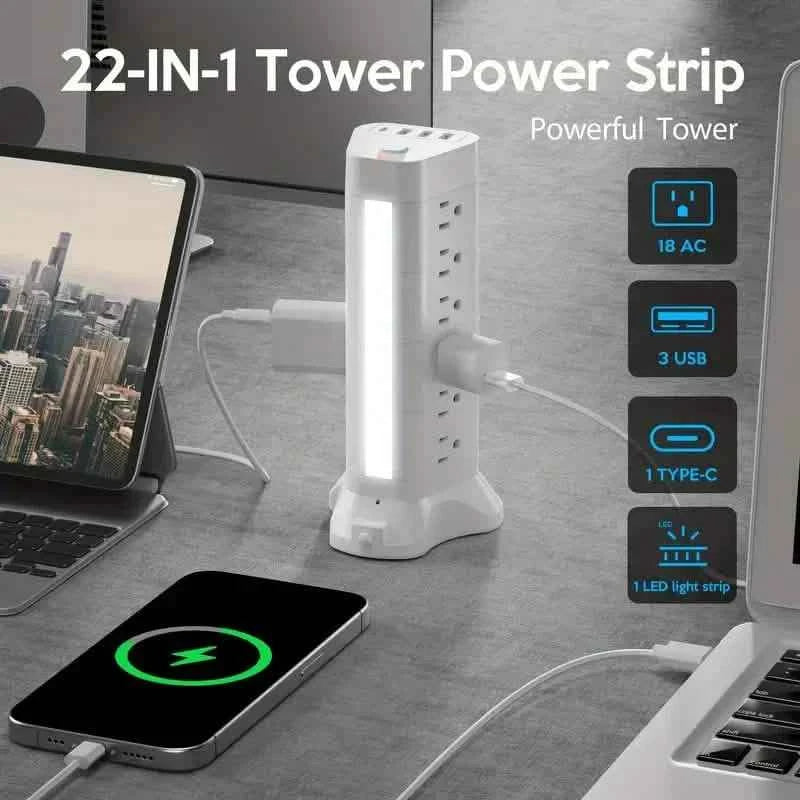 22-in-1 Power Strip Tower with 4 USB Ports & 9 AC Outlets, 10ft Extension Cable, 3-Color Night Light