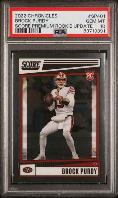 Graded 2022 Panini Chronicles Brock Purdy #SP401 Score Premium Rookie Update RC Football Card PSA 10 Gem Mint