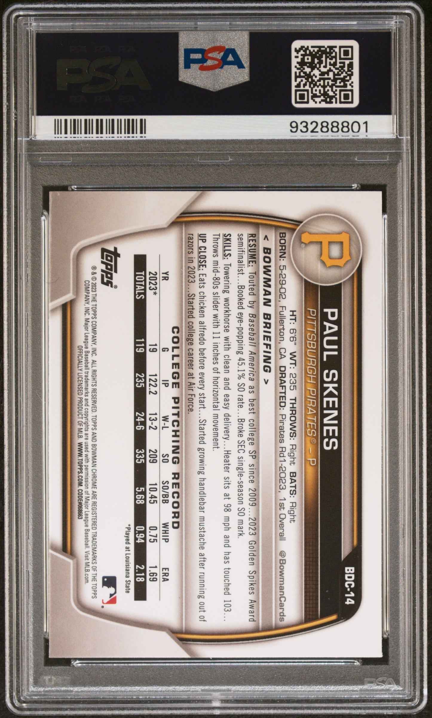 Graded 2023 Topps Bowman Draft Paul Skenes #BDC14 Chrome Rookie RC Baseball Card PSA 9 Mint
