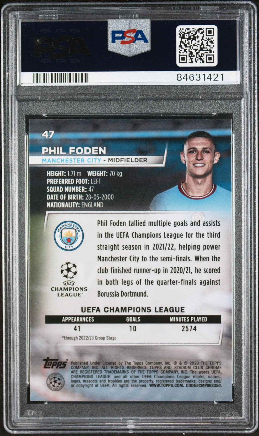 Graded 2022 Topps Stadium Chrome UCC Phil Foden #47 Blue Prism Soccer Card PSA 10 Gem Mint