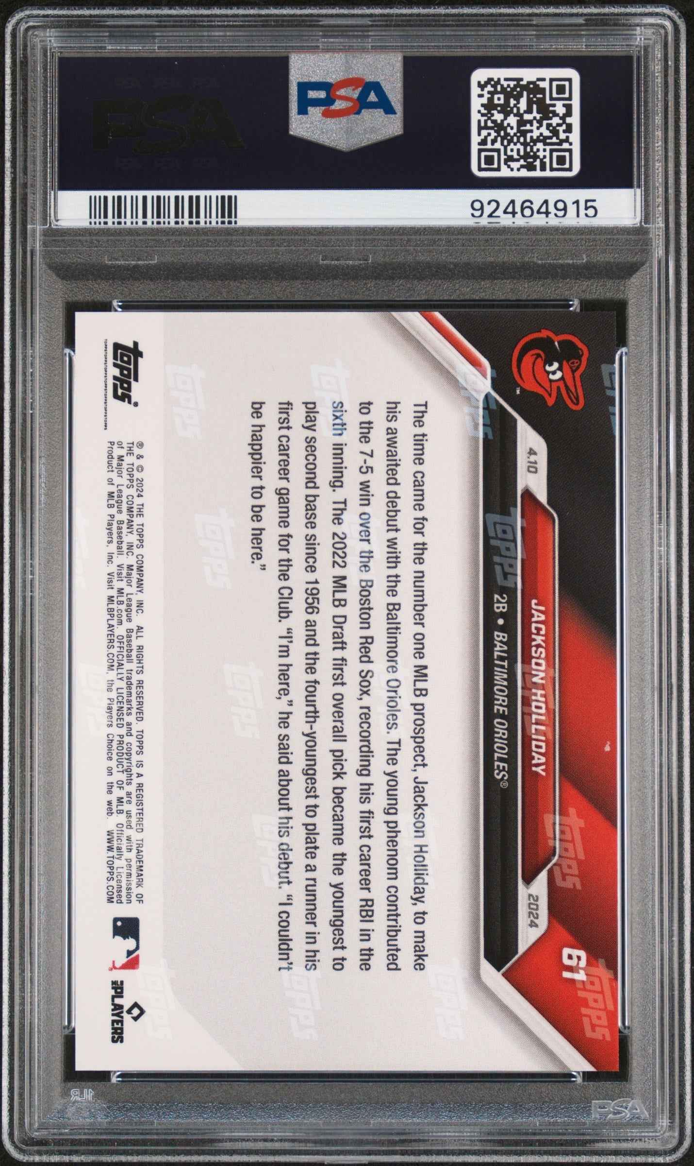 Graded 2024 Topps Now Jackson Holliday #61 Number 1 Prospect Makes MLB Debut, Collects 1st RBI Rookie RC Baseball Card PSA 10 Gem Mint