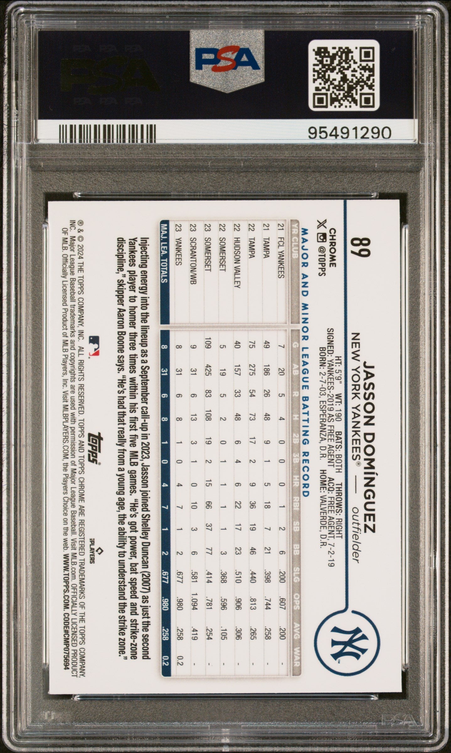 Graded 2024 Topps Chrome Jasson Dominguez #89 Rookie RC Baseball Card PSA 9 Mint