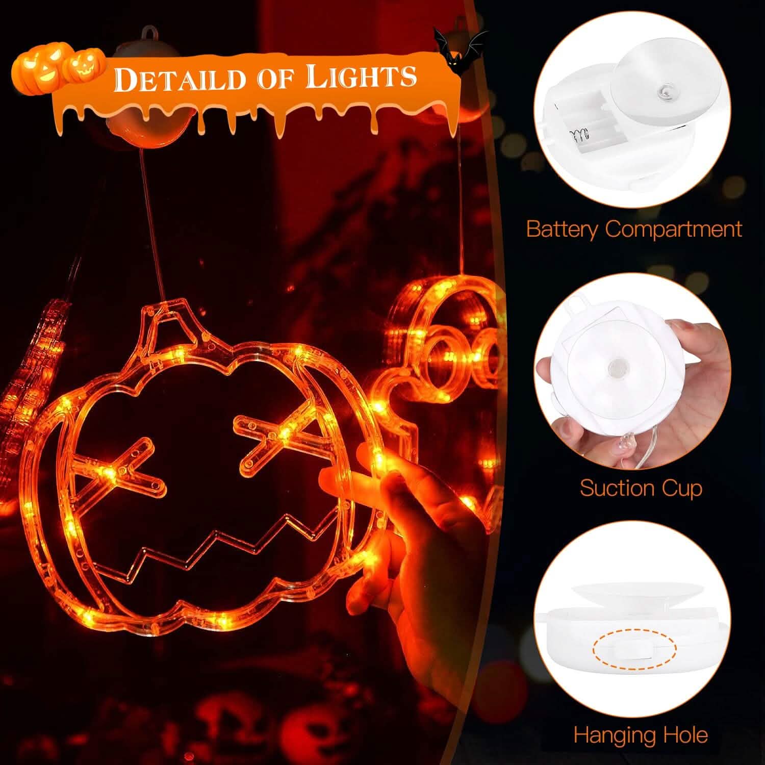 3-Pack: Halloween Window Light with Suction Cup Hanging Holes