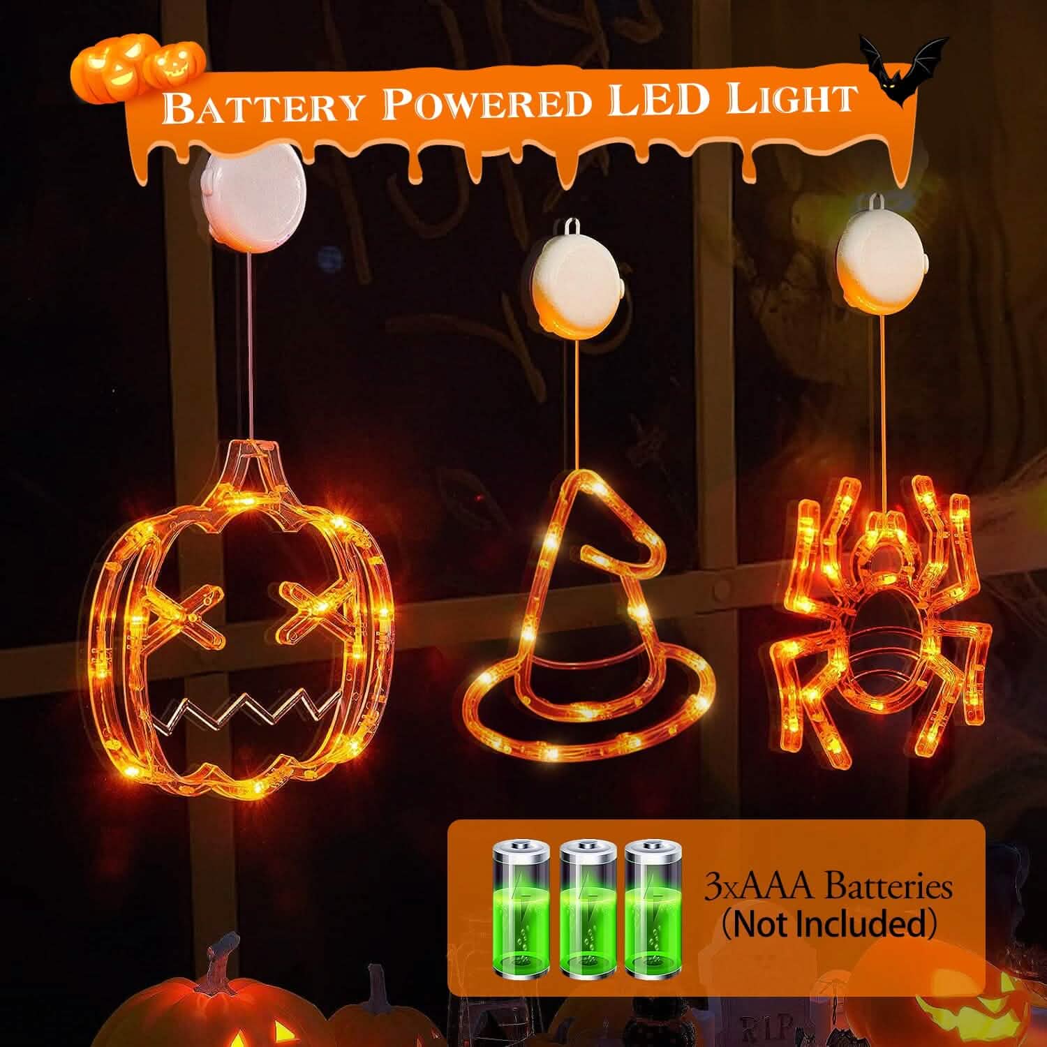 3-Pack: Halloween Window Light with Suction Cup Hanging Holes