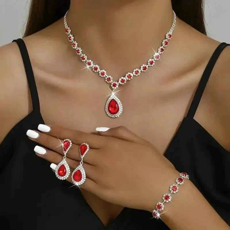 3-Piece Set: Elegant Bridal Jewelry Set - Rhinestone-Encrusted Earrings, Necklace & Bracelet Combo