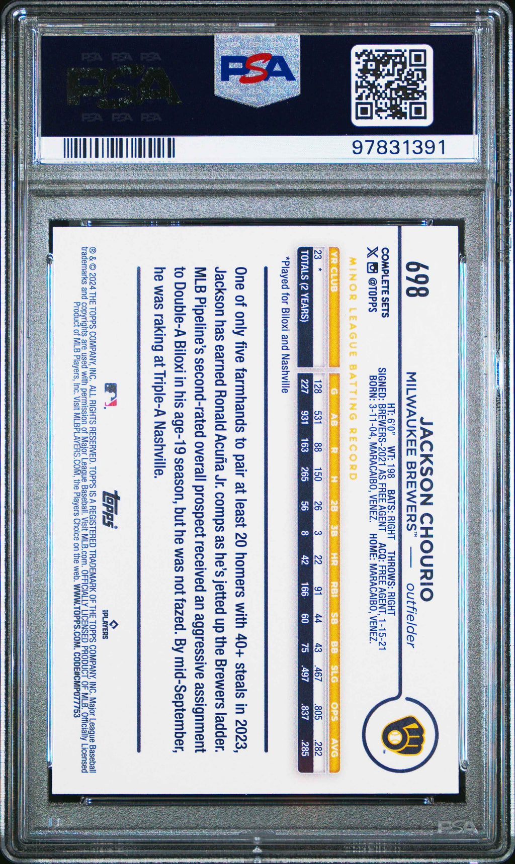 Graded 2024 Topps Jackson Chourio #698 ASG Exclusive Rookie RC Baseball Card PSA 10 Gem Mint