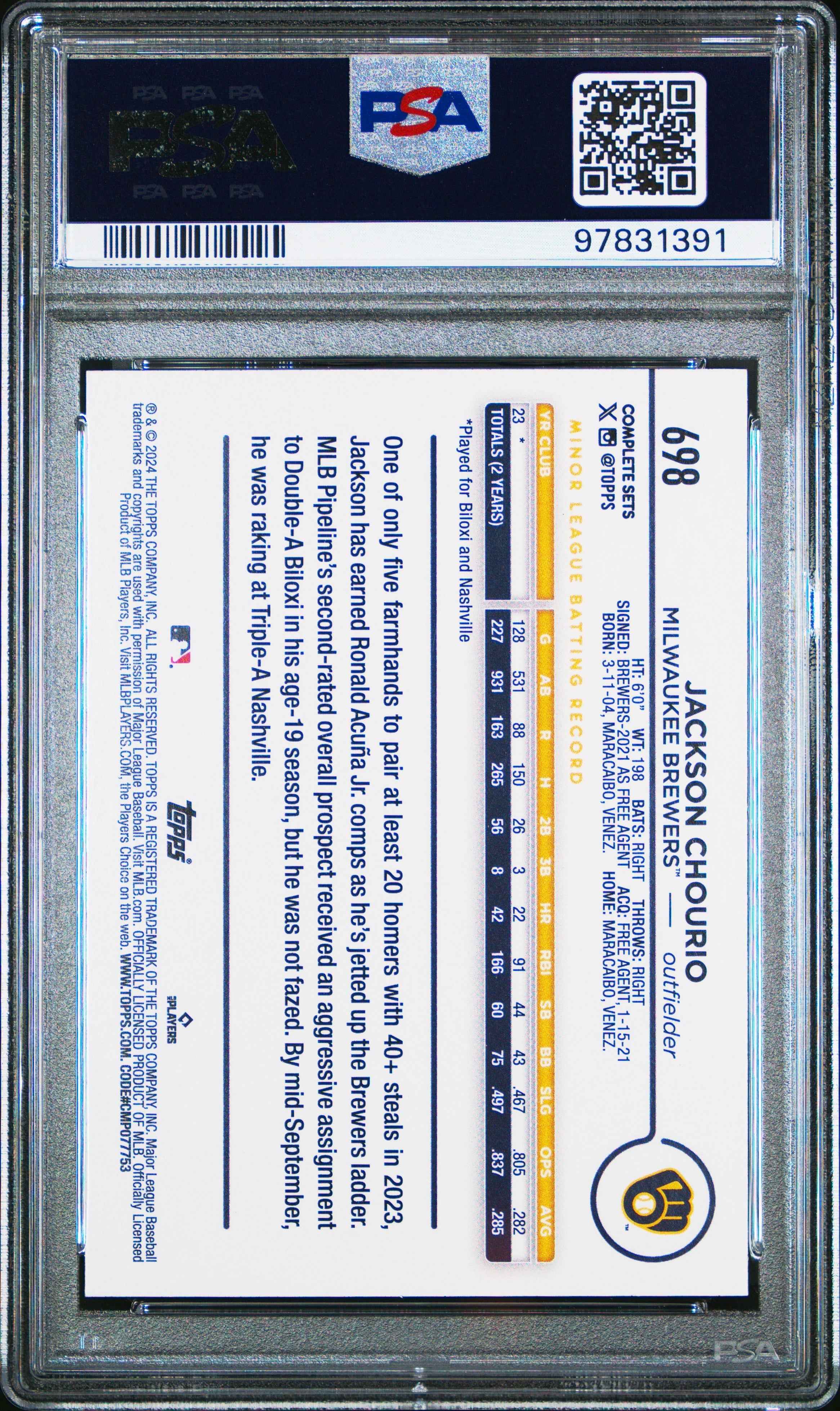 Graded 2024 Topps Jackson Chourio #698 ASG Exclusive Rookie RC Baseball Card PSA 10 Gem Mint