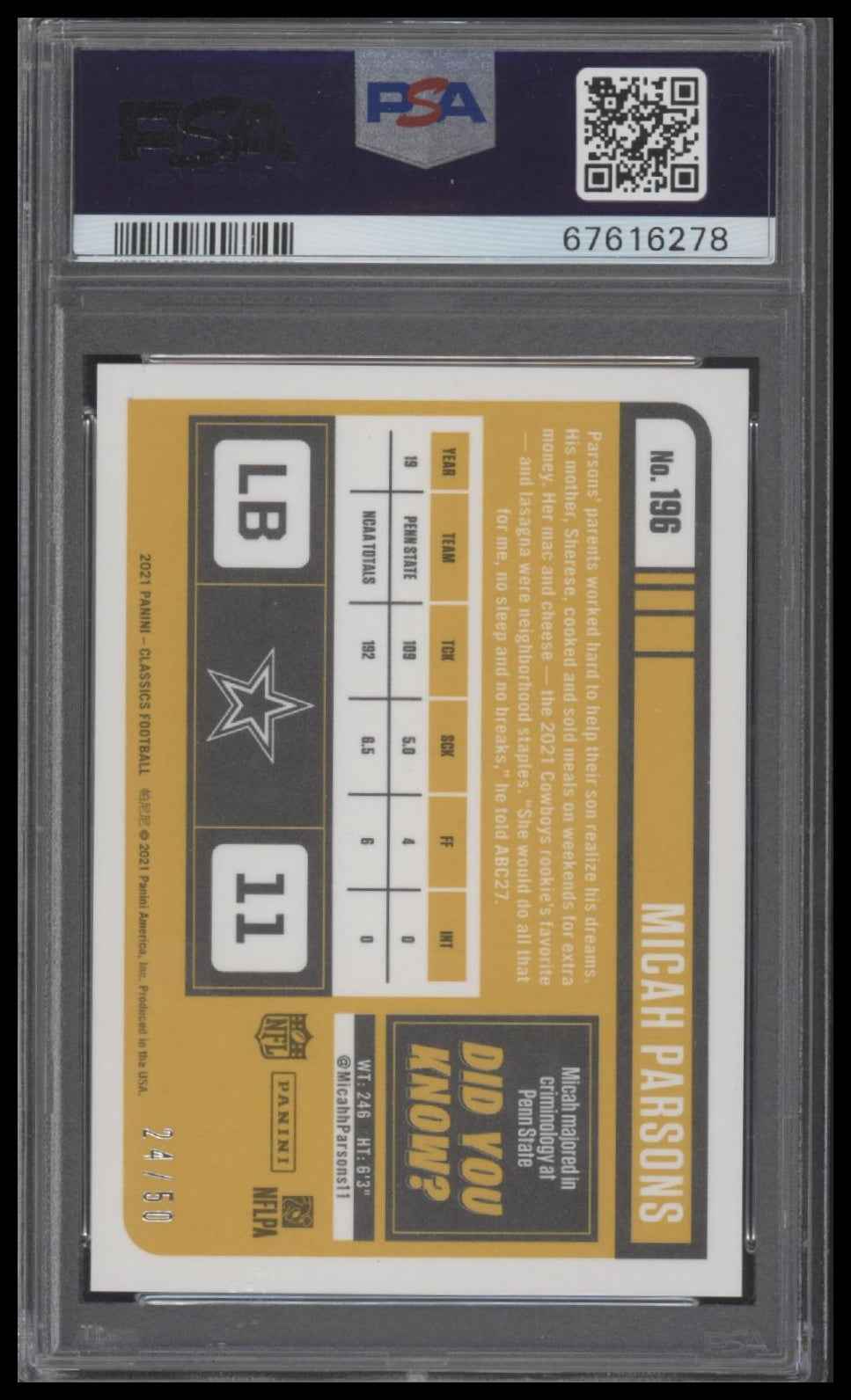 Micah Parsons 2021 Panini Classics #196 Timeless Tributes Purple PSA 10