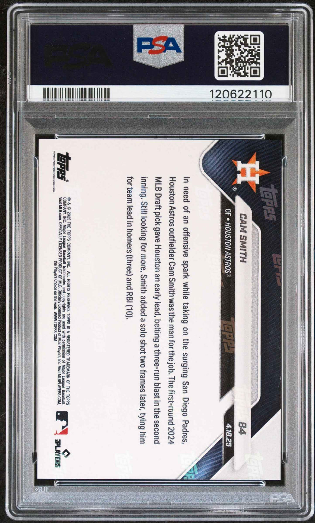 Graded 2025 Topps Now Cam Smith #84 Black Foil /10 Rookie RC Baseball Card PSA 7 Near Mint