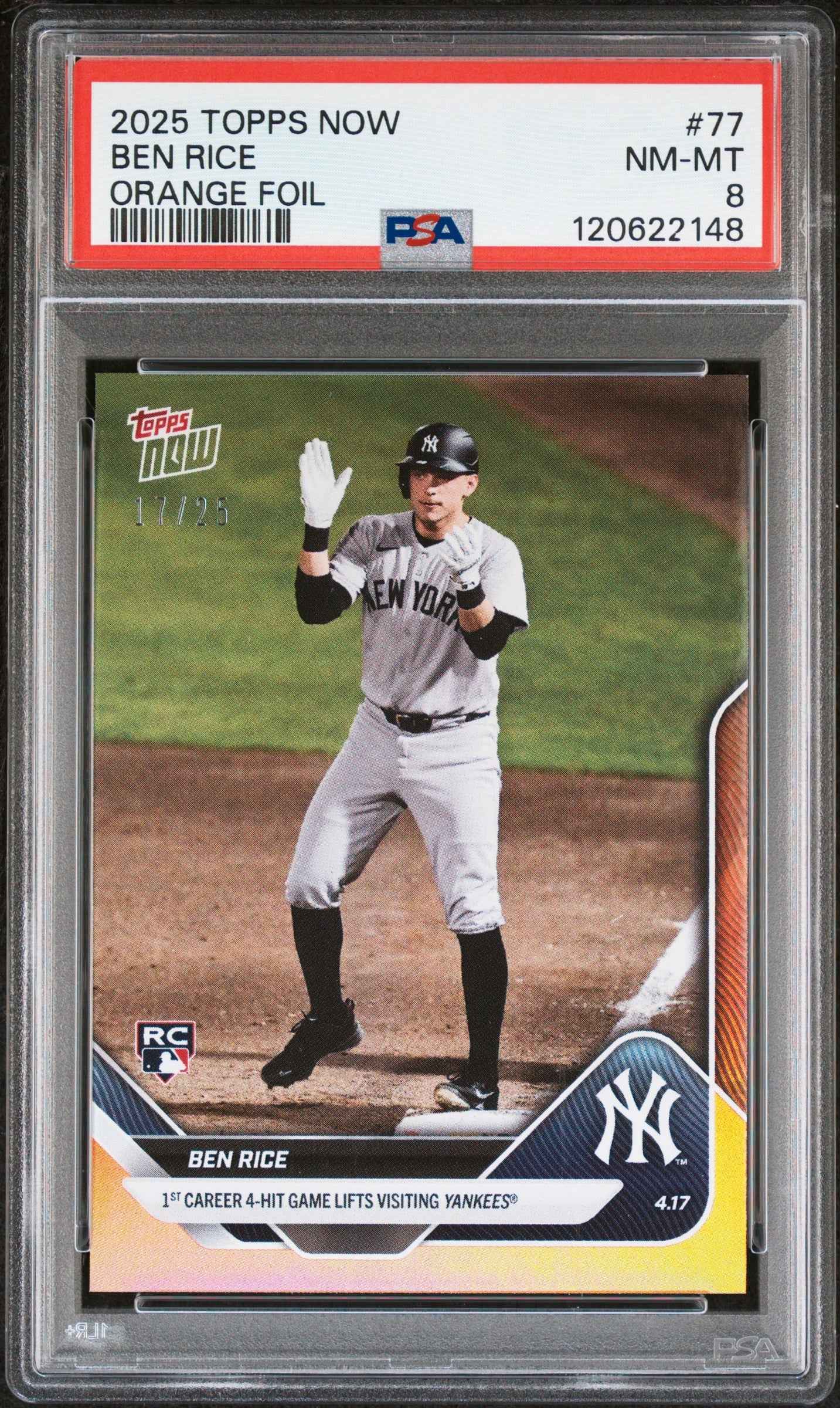Graded 2025 Topps Now Ben Rice #77 Orange Foil /25 Rookie RC Baseball Card PSA 8 Near Mint