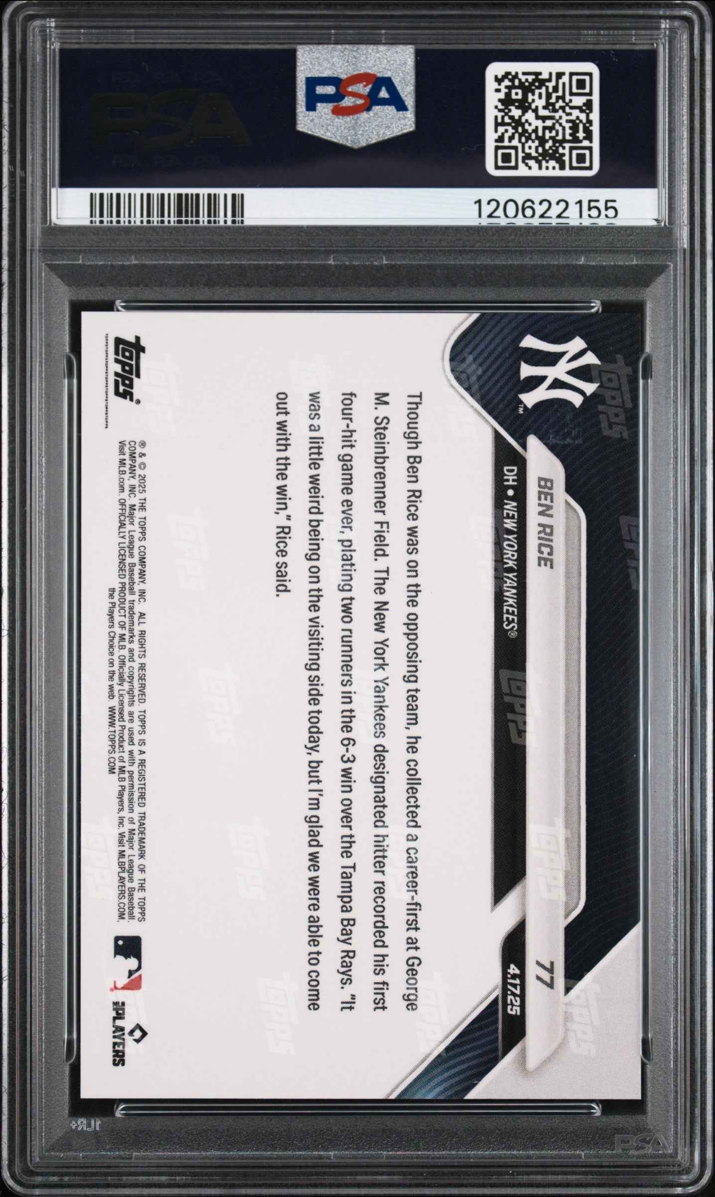 Graded 2025 Topps Now Ben Rice #77 Rookie RC Baseball Card PSA 9 Mint