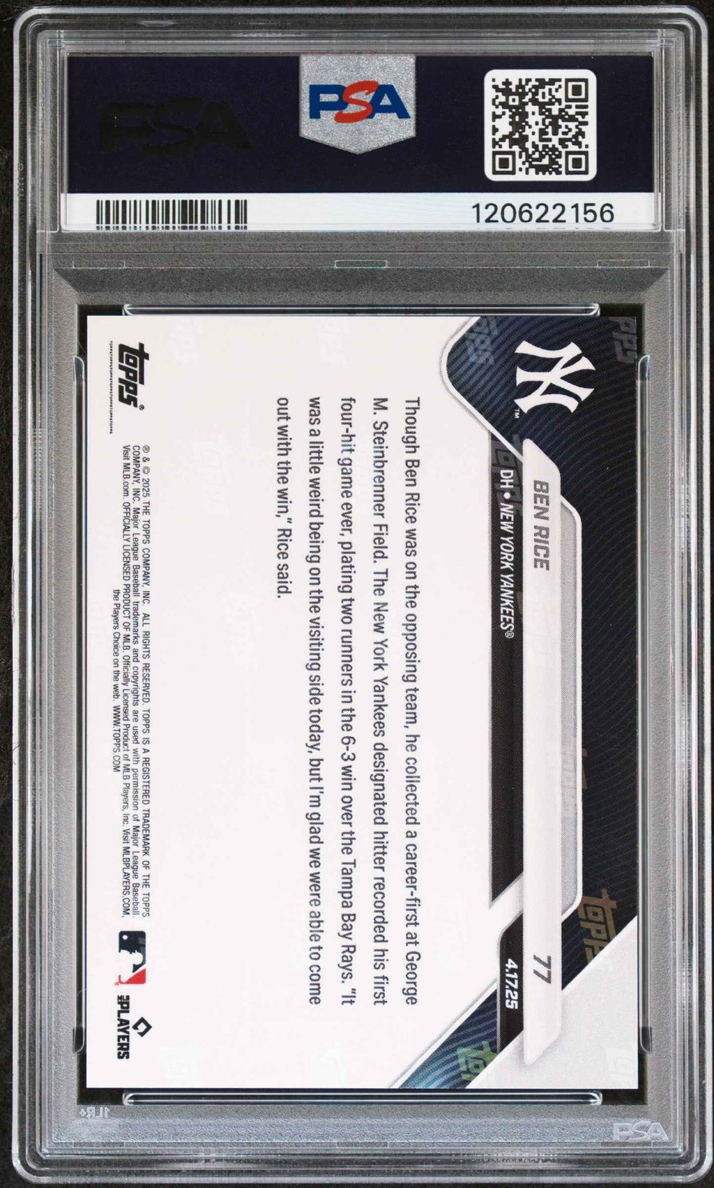 Graded 2025 Topps Now Ben Rice #77 Rookie RC Baseball Card PSA 8 Near Mint