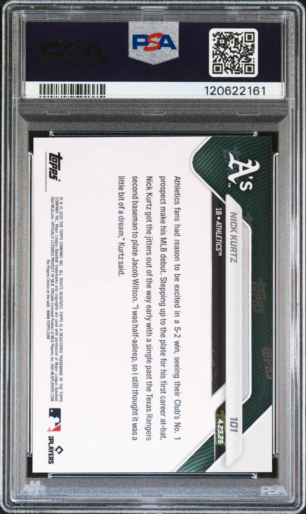 Graded 2025 Topps Now Nick Kurtz #101 Rookie RC Baseball Card PSA 9 Mint
