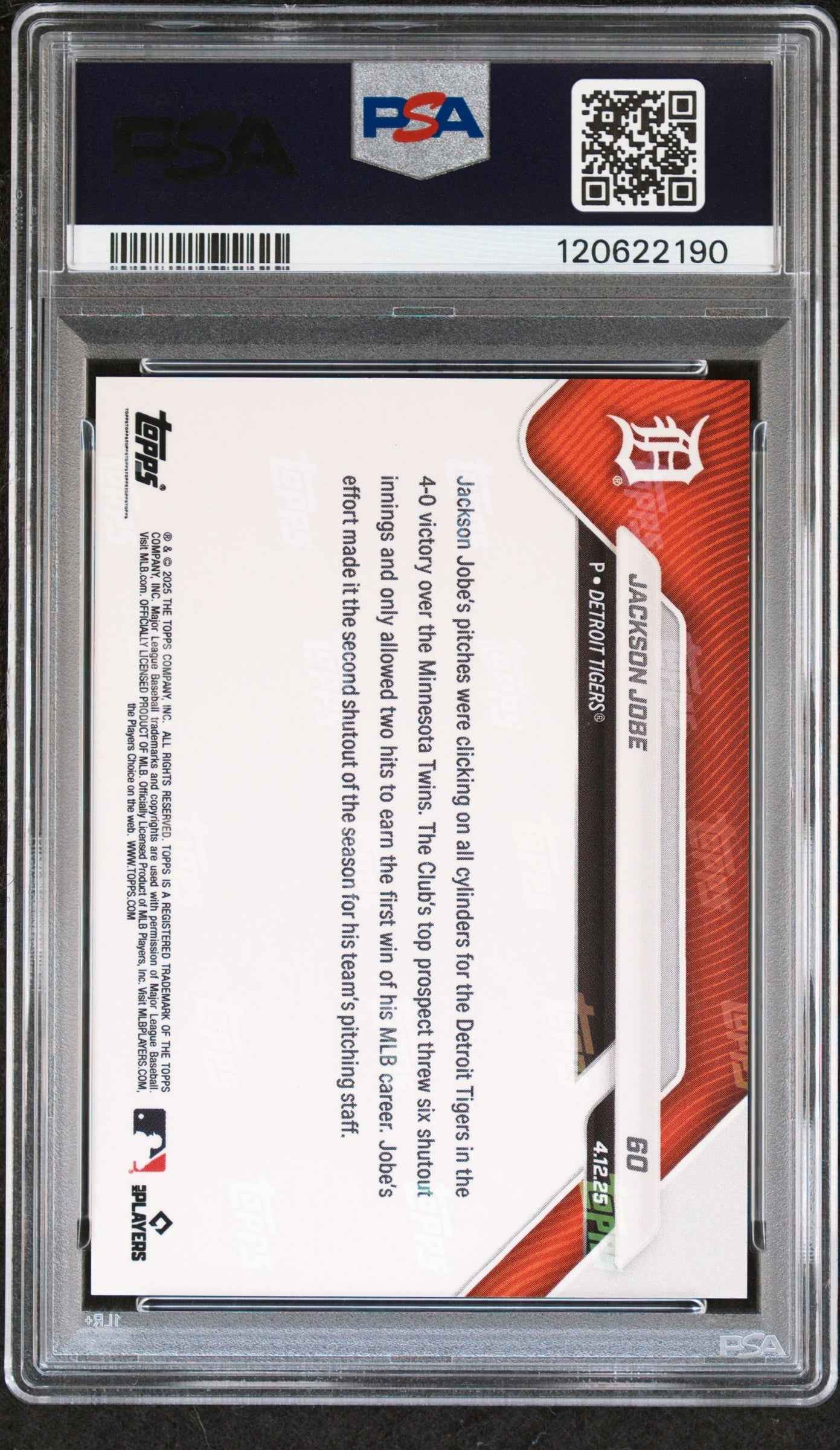 Graded 2025 Topps Now Jackson Jobe #60 Orange Foil /25 Rookie RC Baseball Card PSA 9 Mint