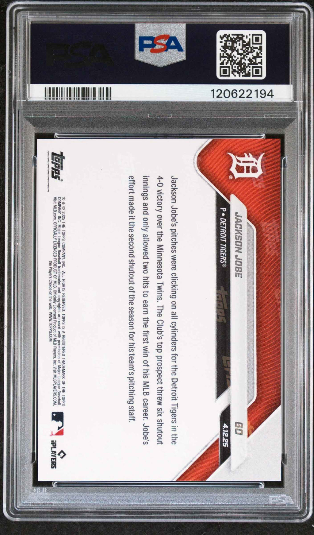 Graded 2025 Topps Now Jackson Jobe #60 Rookie RC Baseball Card PSA 10 Gem Mint