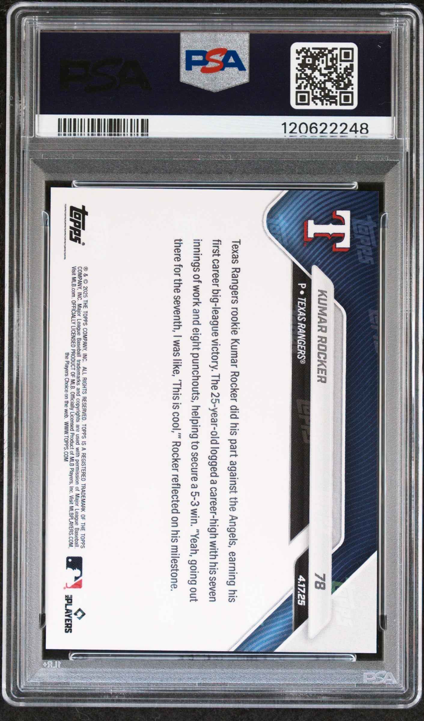 Graded 2025 Topps Now Kumar Rocker #78 Rookie RC Baseball Card PSA 9 Mint