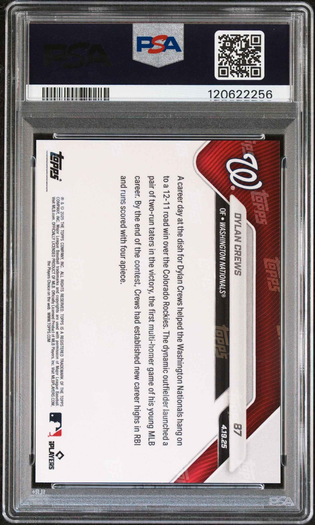 Graded 2025 Topps Now Dylan Crews #87 Rookie RC Baseball Card PSA 10 Gem Mint