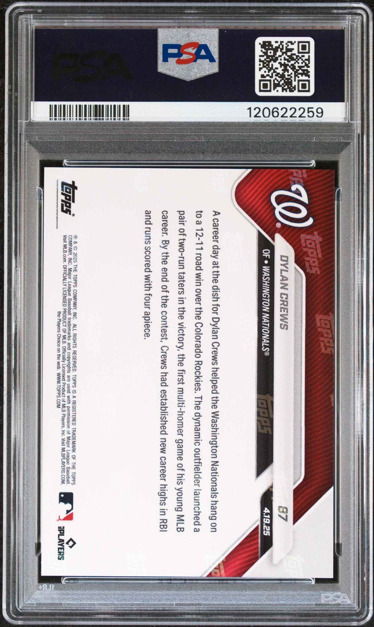 Graded 2025 Topps Now Dylan Crews #87 Rookie RC Baseball Card PSA 9 Mint