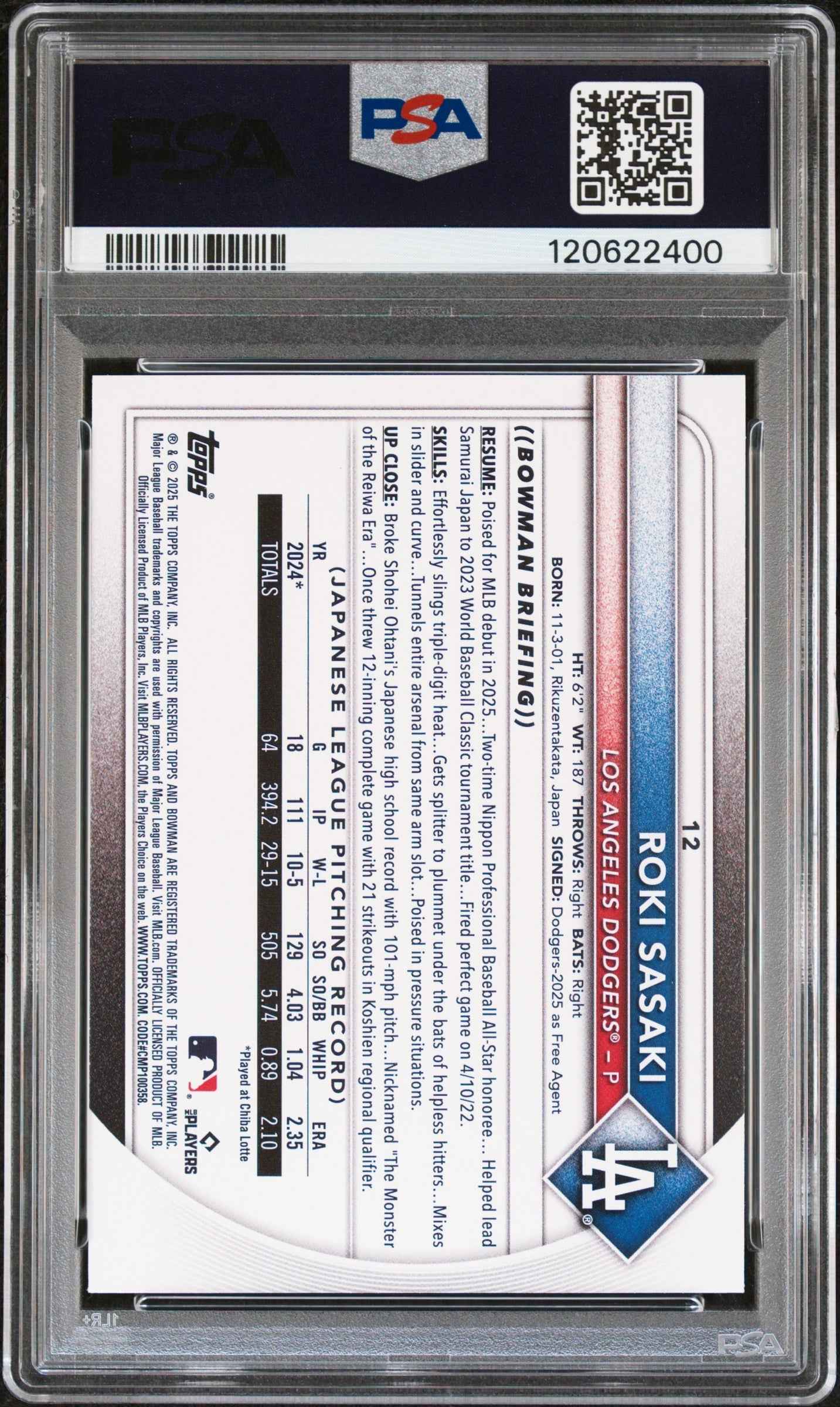 Graded 2025 Topps Bowman Roki Sasaki #12 Rookie RC Baseball Card PSA 10 Gem Mint