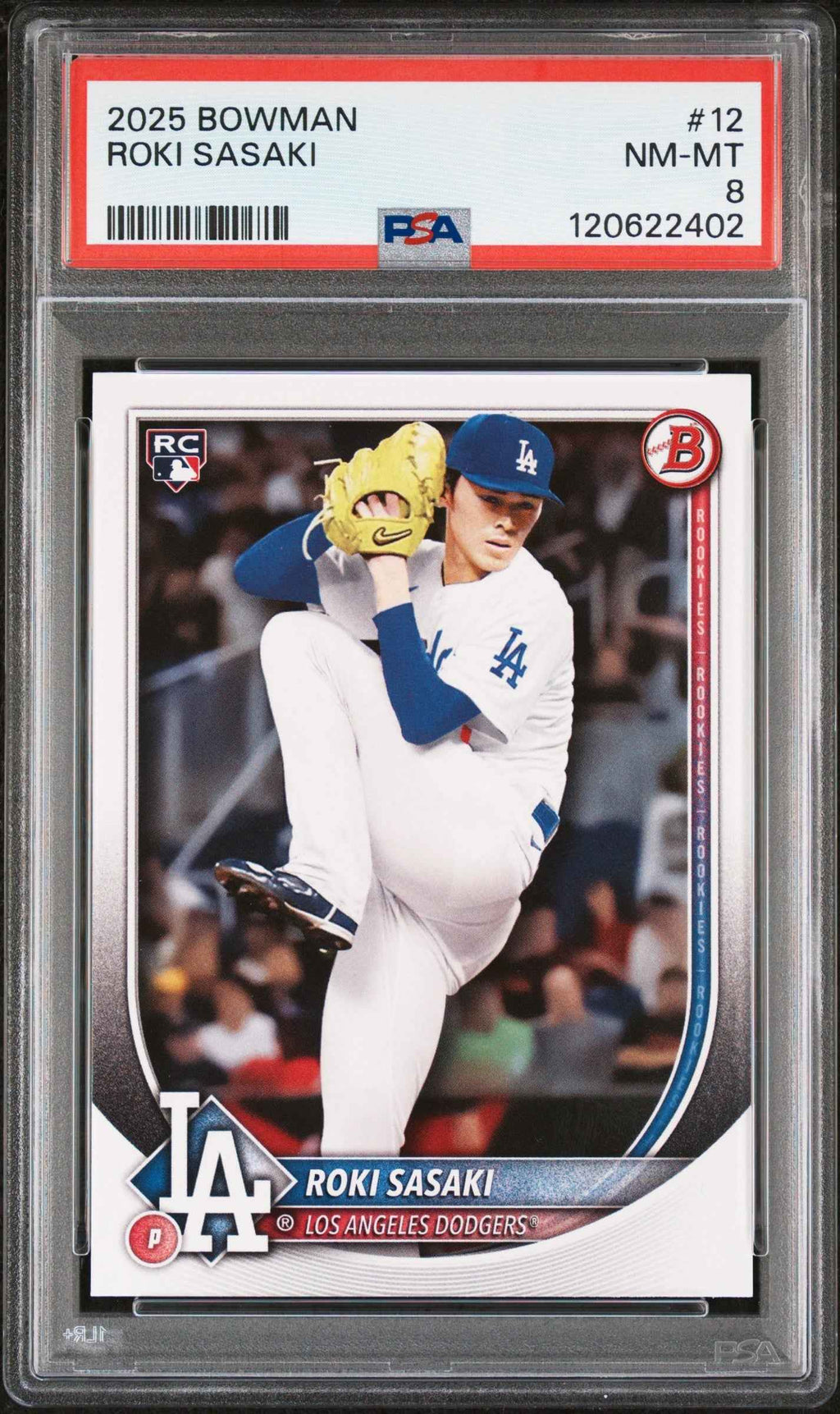 Graded 2025 Topps Bowman Roki Sasaki #12 Rookie RC Baseball Card PSA 8 Near Mint