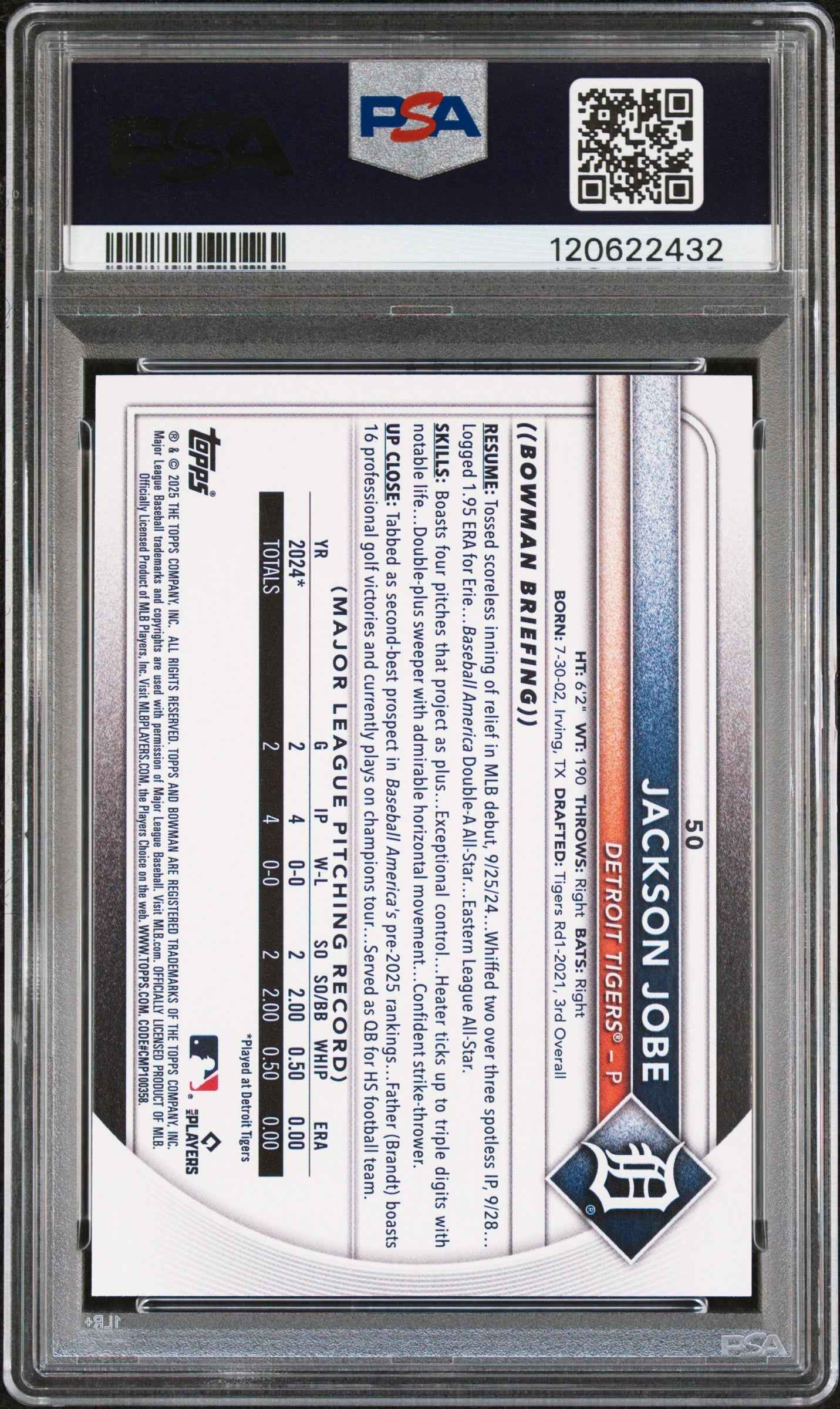 Graded 2025 Topps Bowman Jackson Jobe #50 Rookie RC Baseball Card PSA 10 Gem Mint