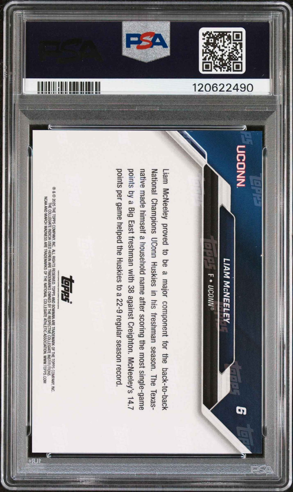 Graded 2025 Topps Bowman U Now Liam McNeeley #6 March Madness Black Rookie RC Basketball Card PSA 9 Mint