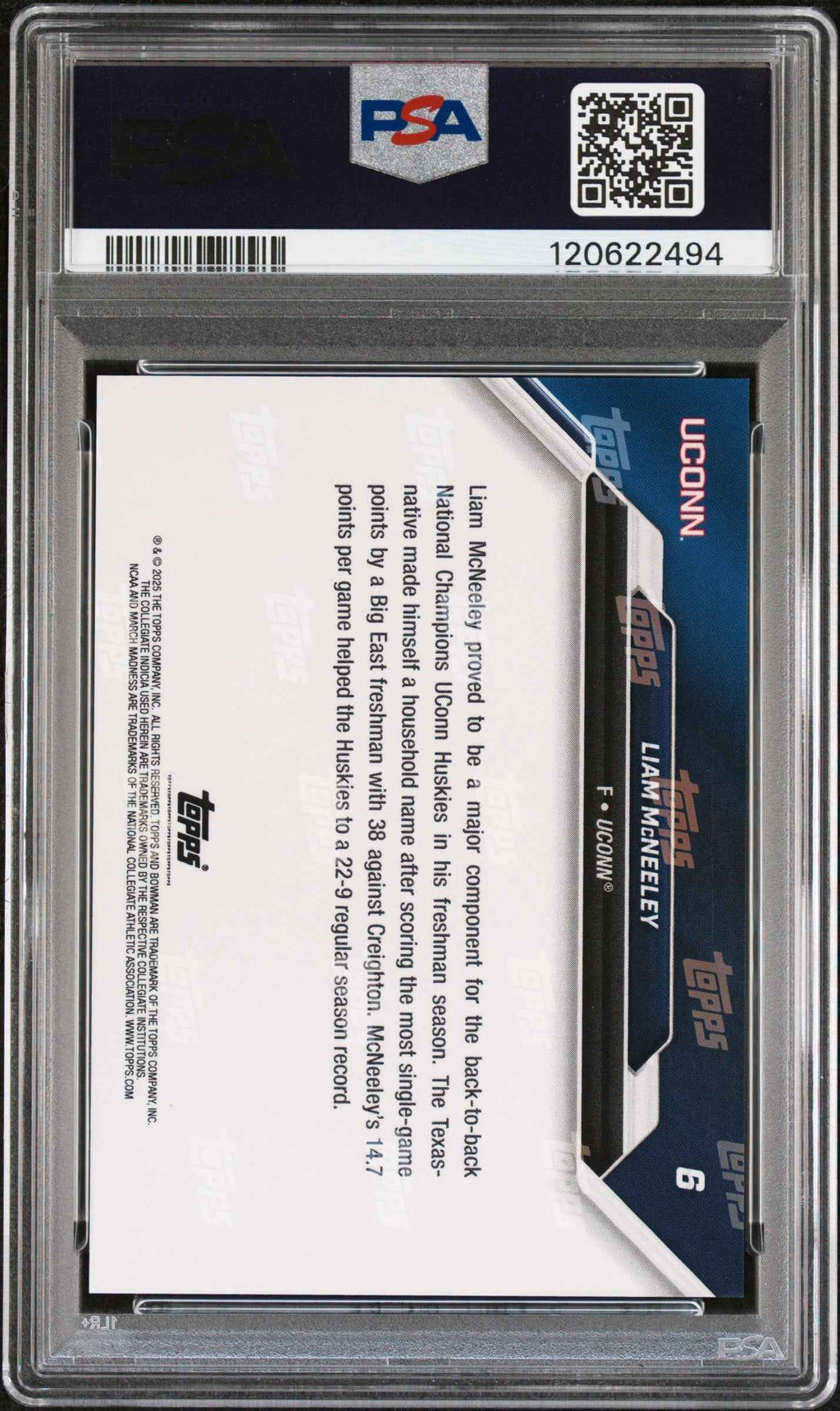 Graded 2025 Topps Bowman U Now Liam McNeeley #6 March Madness Rookie RC Basketball Card PSA 9 Mint
