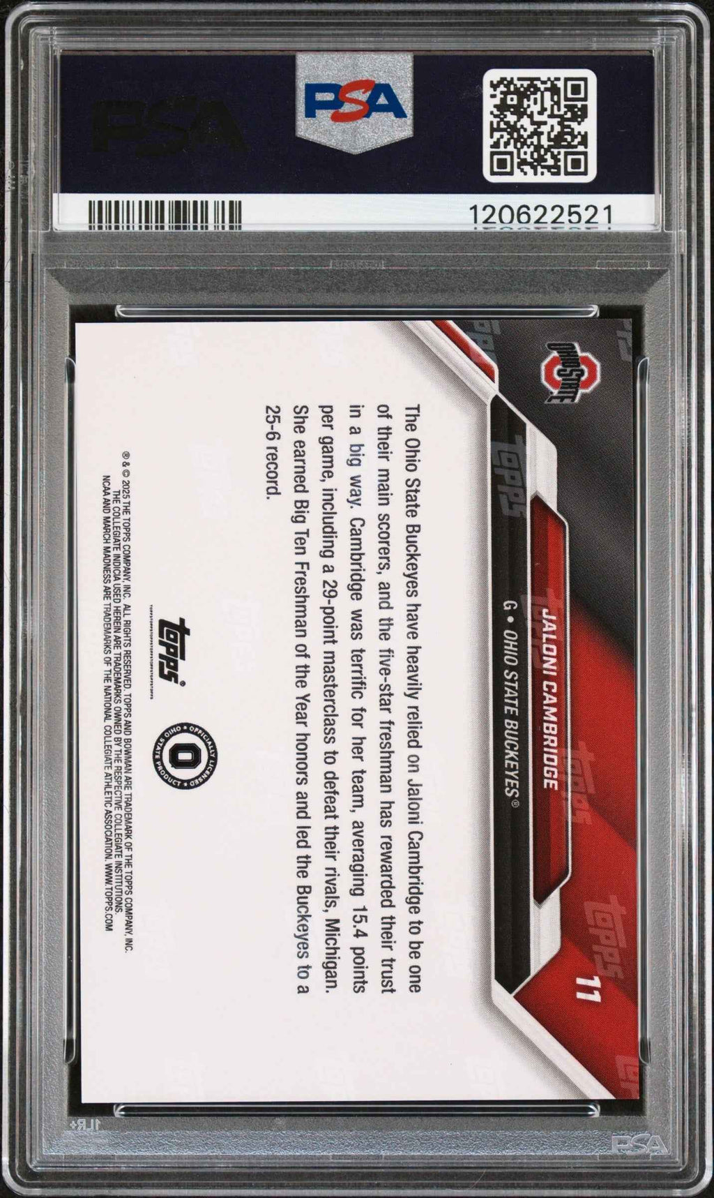 Graded 2025 Topps Bowman U Now Jaloni Cambridge #11 March Madness Black Rookie RC Basketball Card PSA 10 Gem Mint