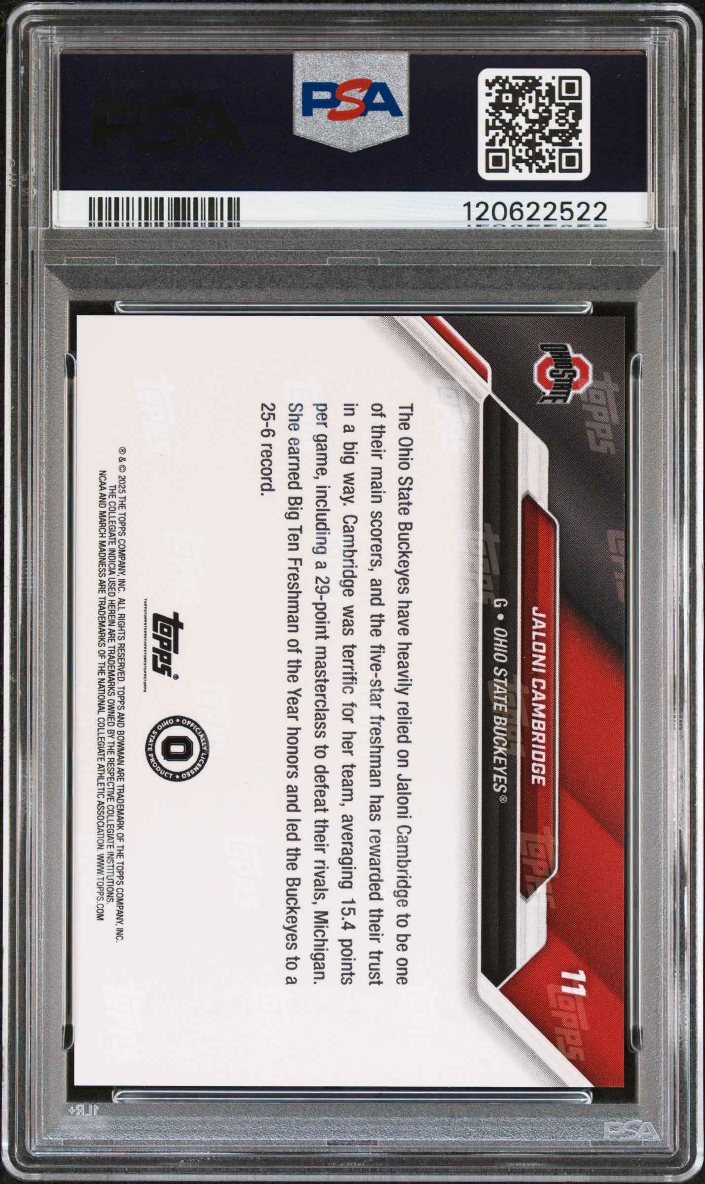 Graded 2025 Topps Bowman U Now Jaloni Cambridge #11 March Madness Black Rookie RC Basketball Card PSA 9 Mint