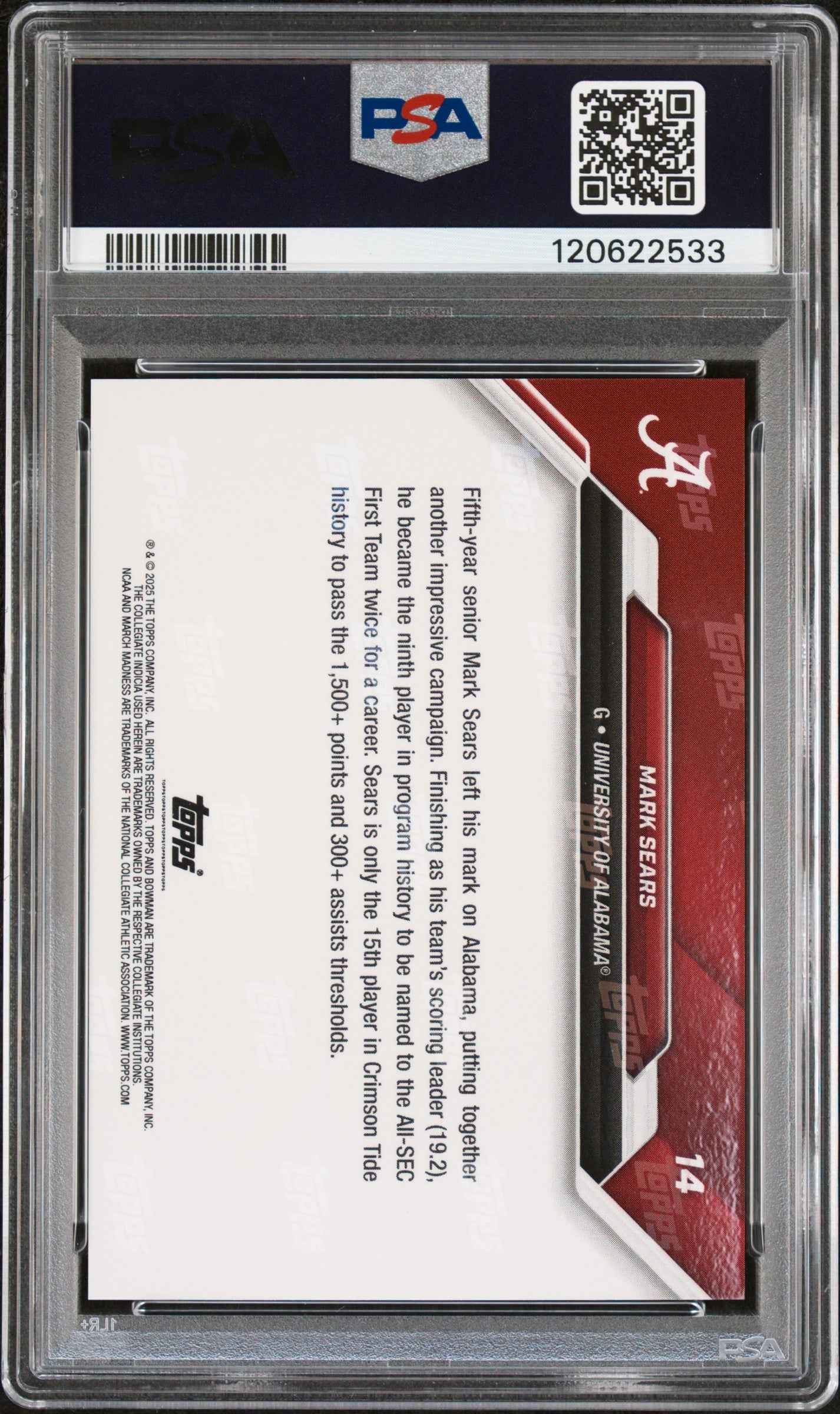 Graded 2025 Topps Bowman U Now Mark Sears #14 March Madness Rookie RC Basketball Card PSA 10 Gem Mint