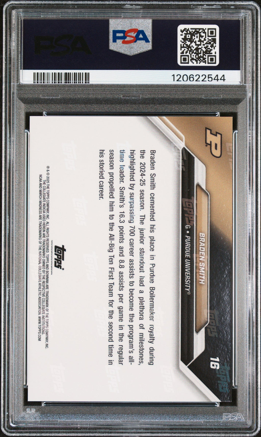 Graded 2025 Topps Bowman U Now Braden Smith #16 March Madness Rookie RC Basketball Card PSA 10 Gem Mint