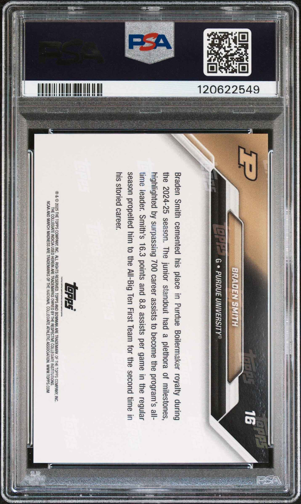 Graded 2025 Topps Bowman U Now Braden Smith #16 March Madness Black Rookie RC Basketball Card PSA 9 Mint