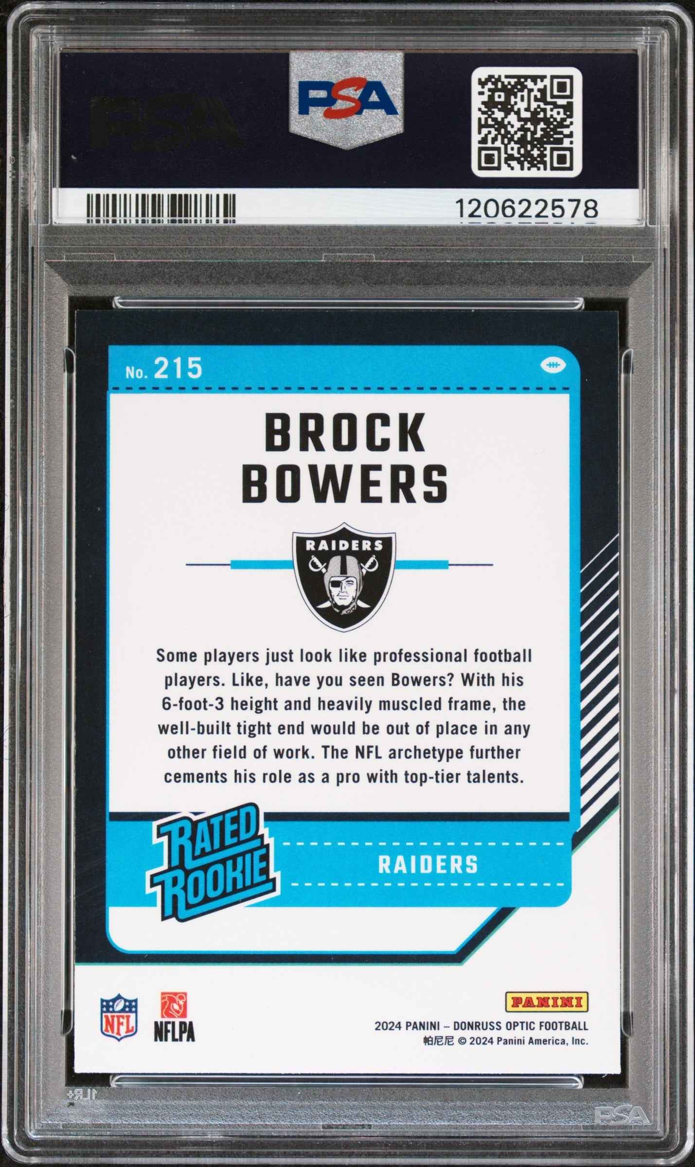 Graded 2024 Panini Donruss Optic Brock Bowers #215 Rookie RC Football Card PSA 10 Gem Mint
