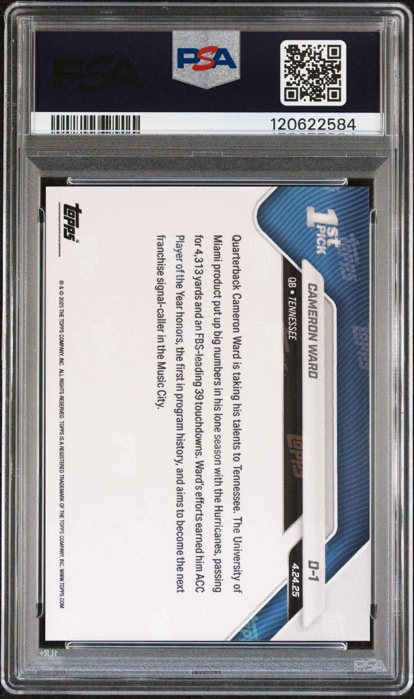 Graded 2025 Topps Now Cam Ward #D1 Black Foil /10 Rookie RC Football Card PSA 9 Mint