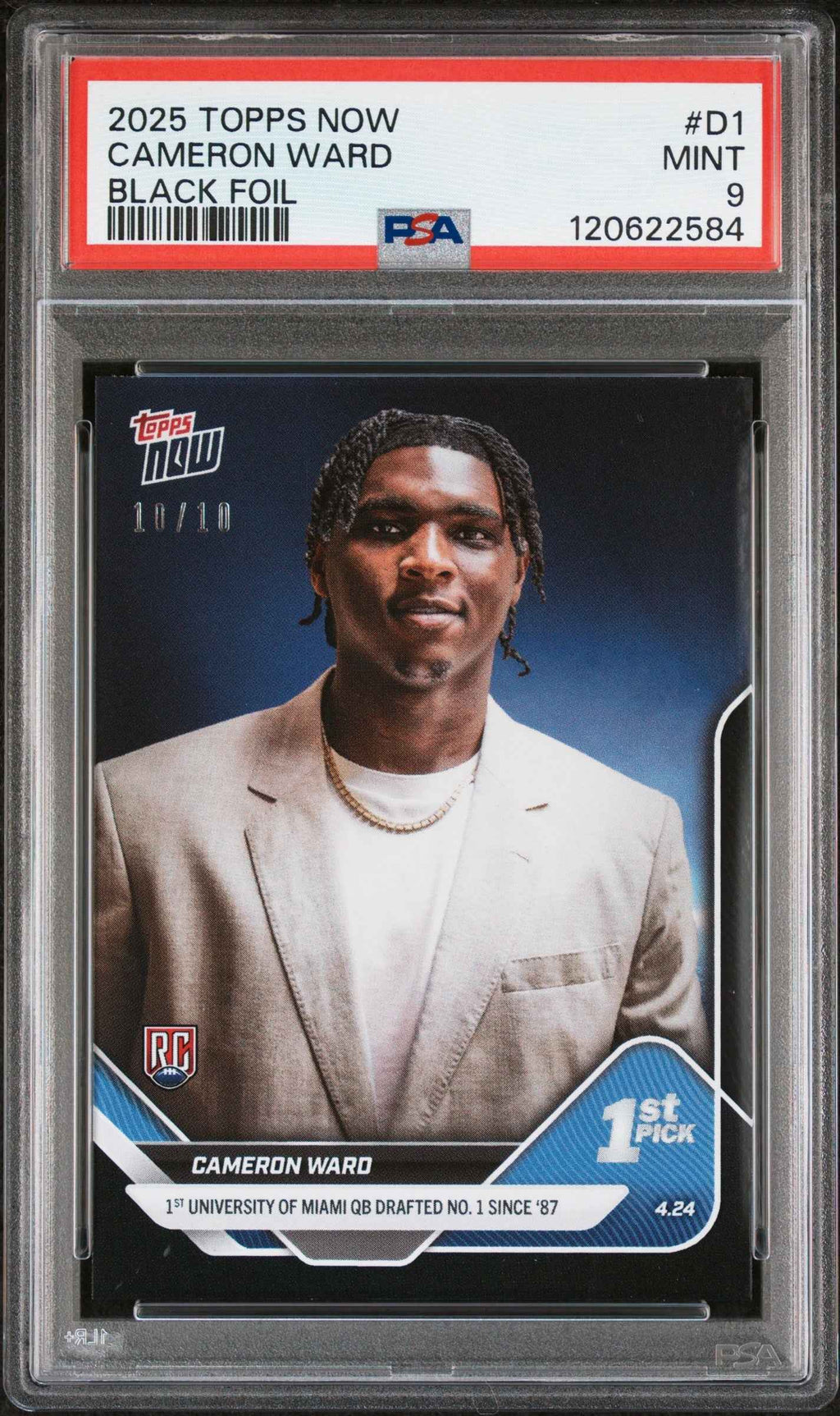 Graded 2025 Topps Now Cam Ward #D1 Black Foil /10 Rookie RC Football Card PSA 9 Mint