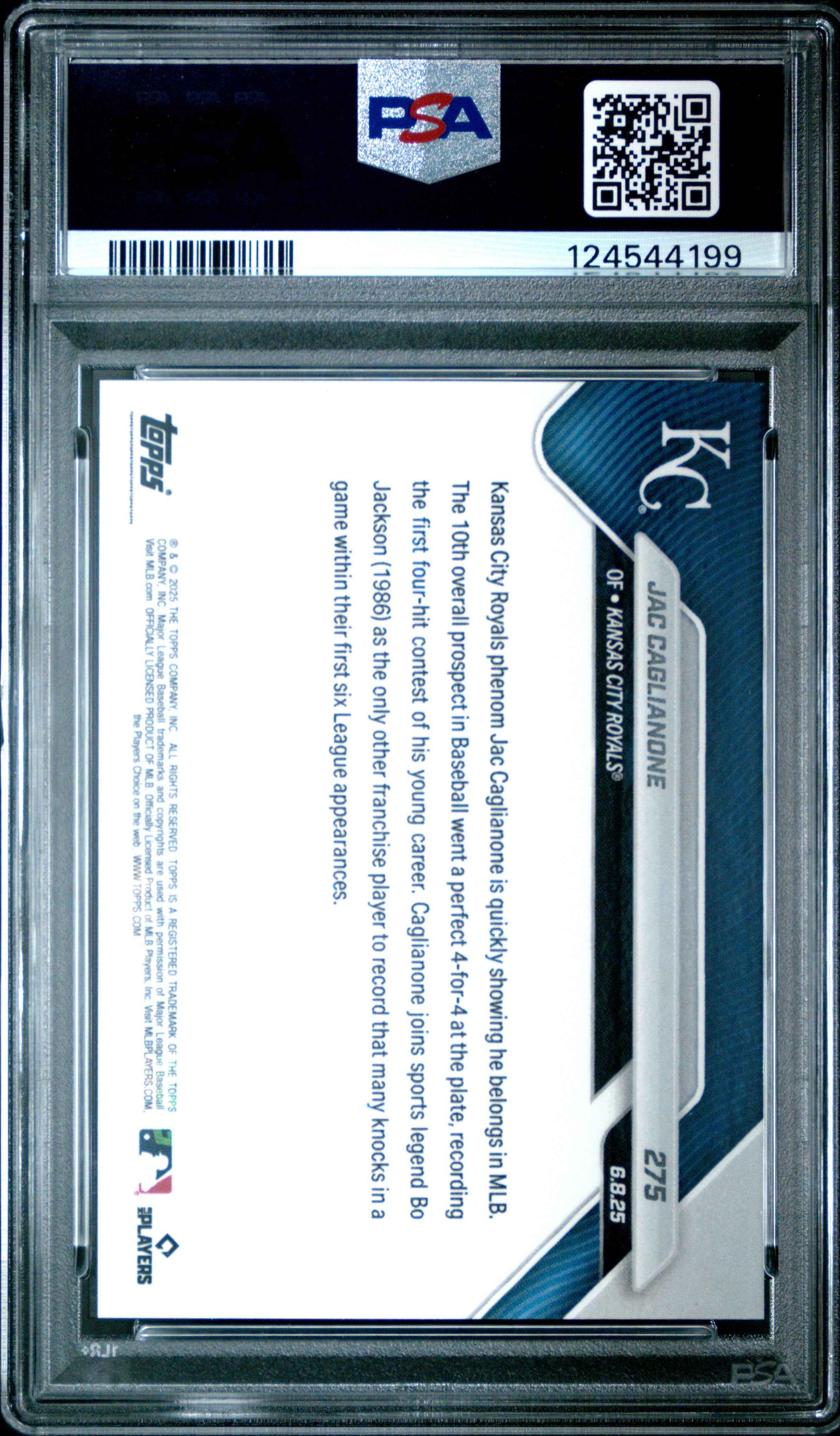 Graded 2025 Topps Now Jac Caglianone #275 Rookie RC Baseball Card PSA 10 Gem Mint