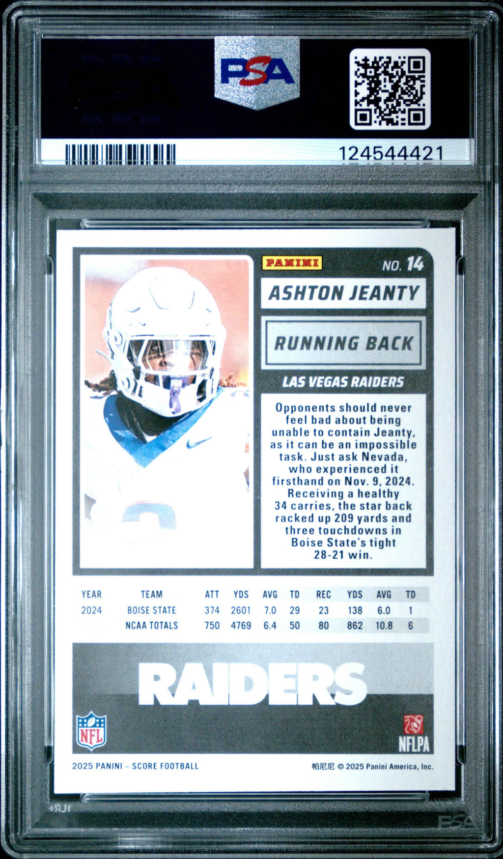 Graded 2025 Panini Score Ashton Jeanty #14 Rookie RC Football Card PSA 8 Near Mint