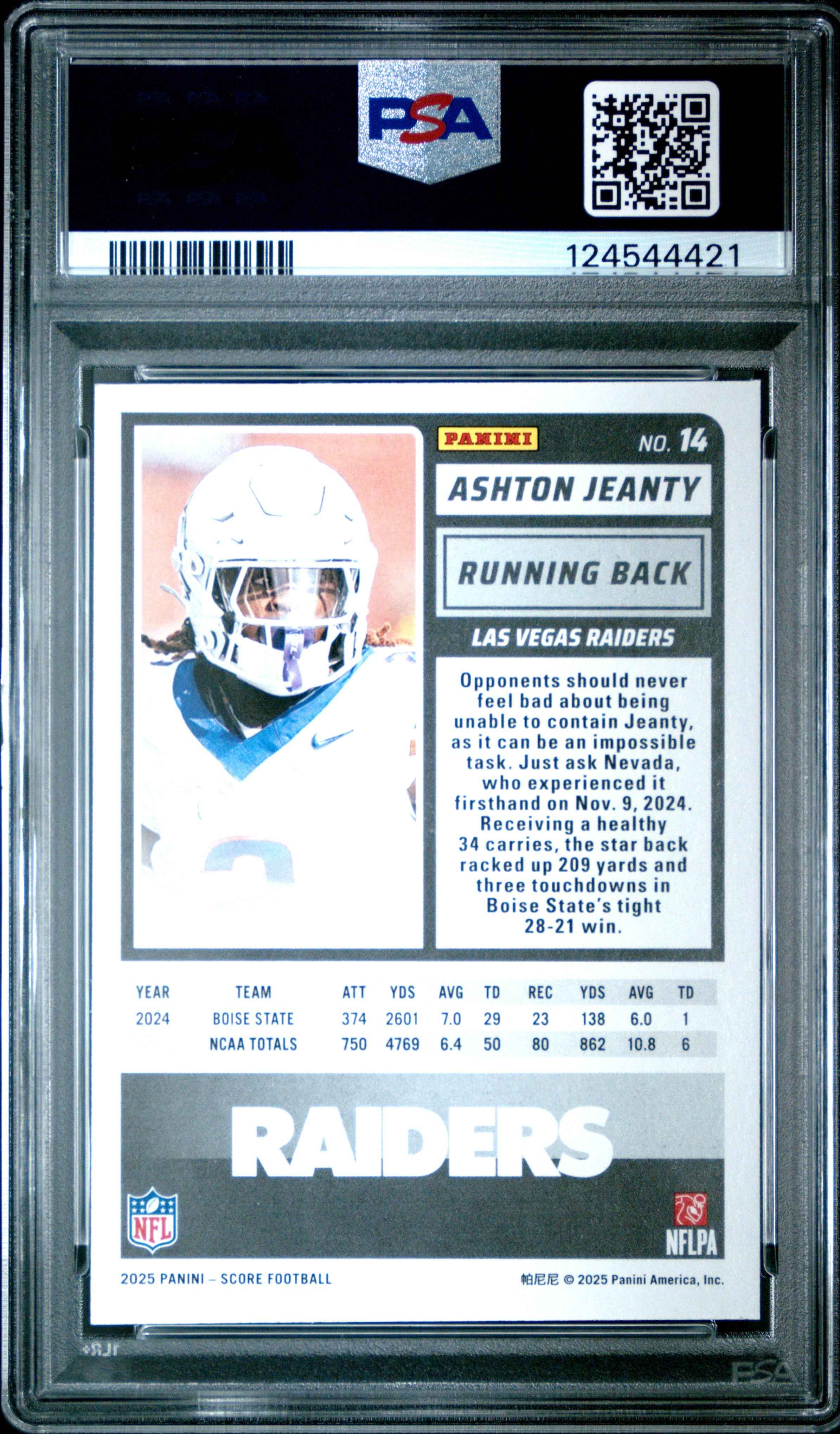 Graded 2025 Panini Score Ashton Jeanty #14 Rookie RC Football Card PSA 8 Near Mint