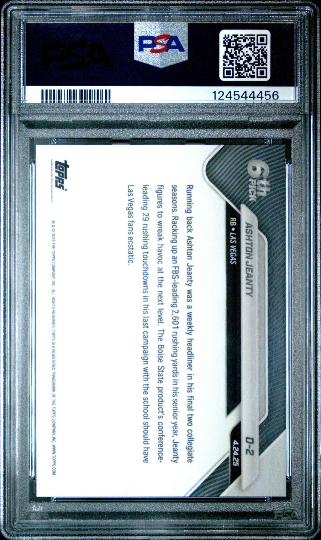 Graded 2025 Topps Now Ashton Jeanty #D2 Rookie RC Football Card PSA 8 Near Mint