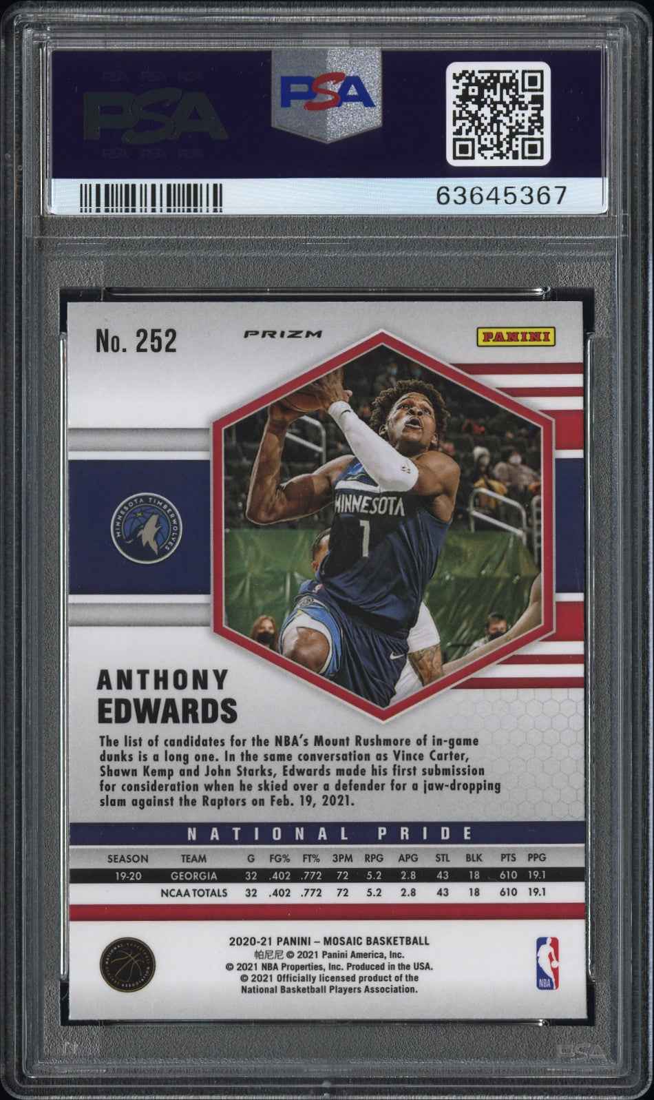 Graded 2020 Panini Mosaic Anthony Edwards #252 Reactive Blue Rookie RC Basketball Card PSA 10 Gem Mint