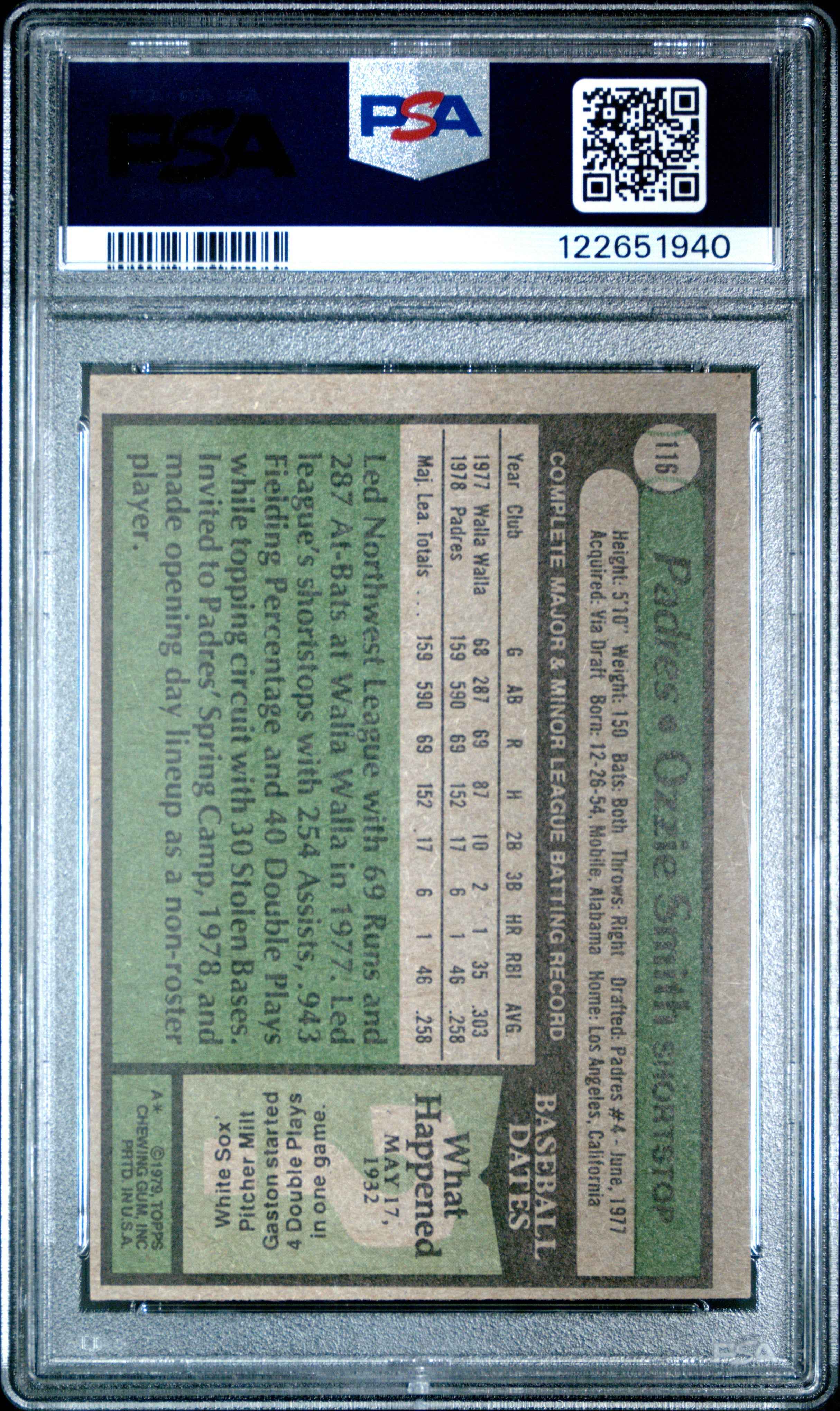 Graded 1979 Topps Ozzie Smith #116 Rookie RC Baseball Card PSA 6 Excellent