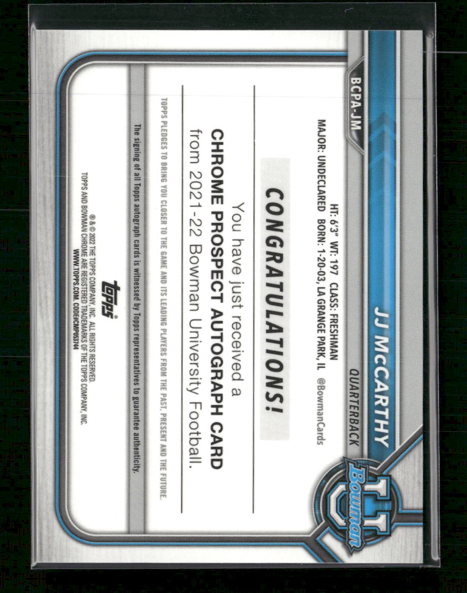 JJ McCarthy 2021-22 Bowman University Bowman Chrome Prospects Auto #BCPA-JM