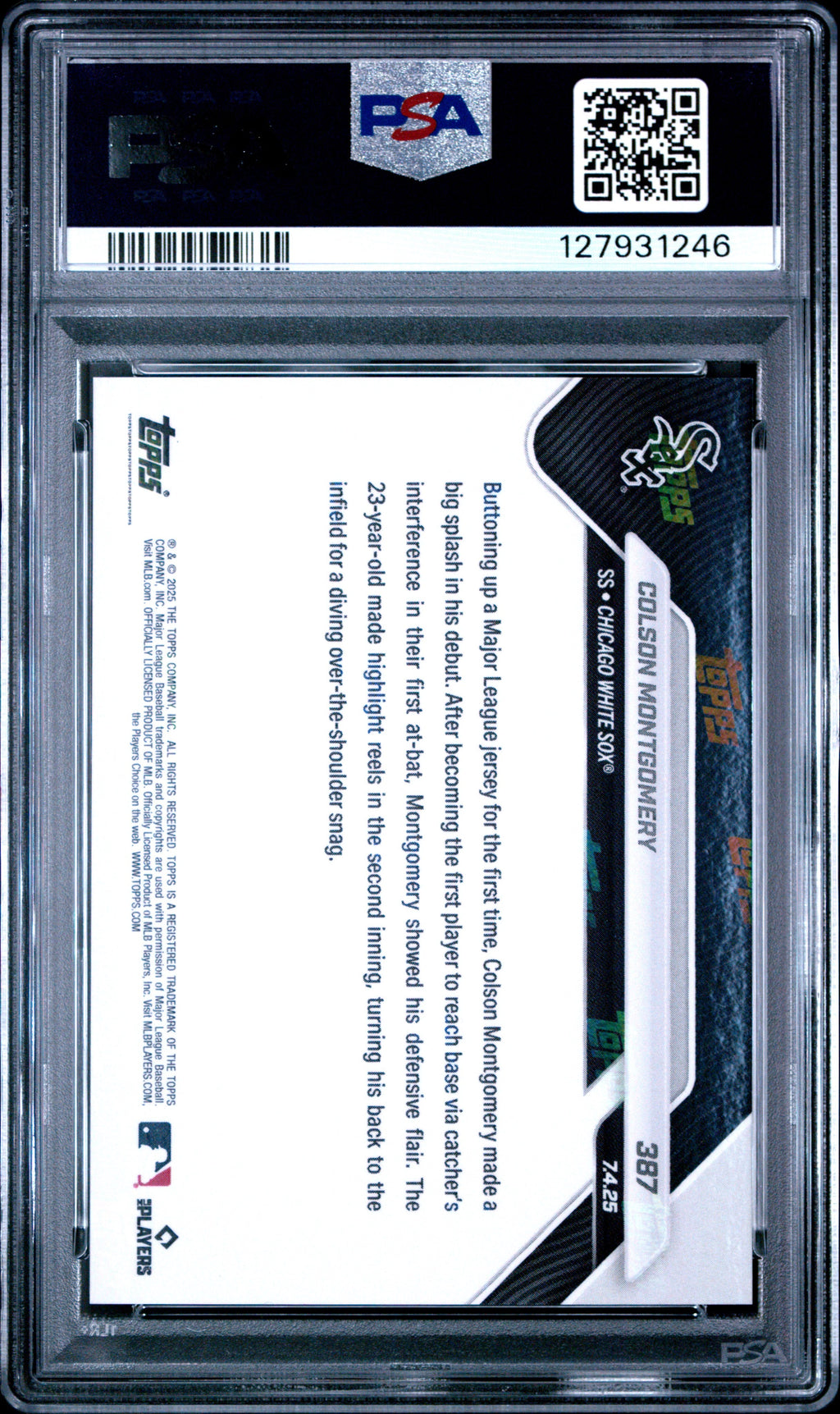 Graded 2025 Topps Now Colson Montgomery #387 Rookie RC Baseball Card PSA 10 Gem Mint